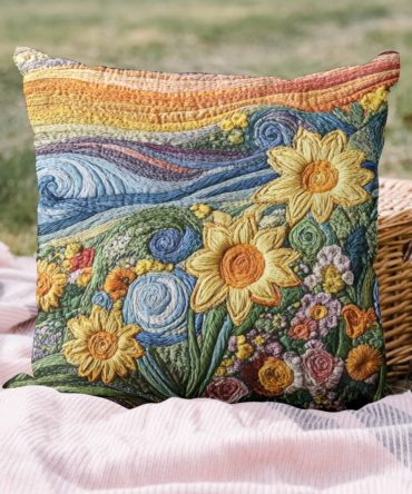 Sunflower Quilted Pillow Cover With Dreamy Floral Print, Soft Cotton Blend Decorative Throw Pillowcase For Boho, Farmhouse & Patio Decor