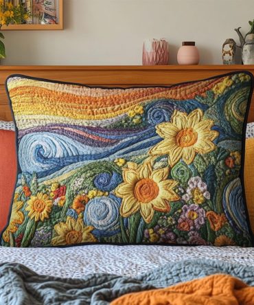 Sunflower Meadow Quilted Pillow Cover — Sunflower Dream Decorative Throw Pillowcase, Sunny Floral Accent For Cozy Country & Cottage Decor