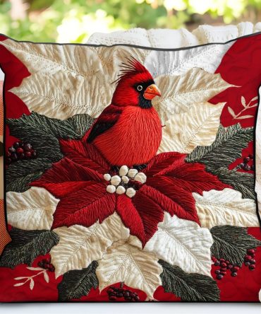 Poinsettia & Cardinal Quilted Pillow Cover — Festive Holiday Floral And Bird Decorative Throw Pillowcase, Plush Quilting, Machine Washable