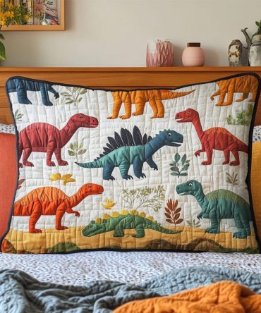 Dino Safari Quilted Pillow Cover — Playful Dinosaur Decorative Sham For Kids, Soft Cotton-Blend, Durable Quilting For Nursery & Playroom Fun