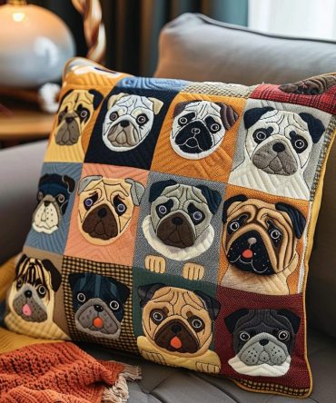 Modern Pug Art Quilted Pillow Cover — Chic Contemporary Throw Pillow Case With Stylish Pug Graphics For Trendy Home Interiors