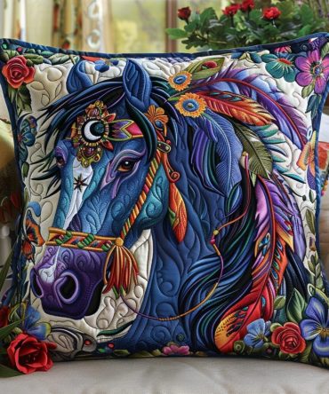 Serene Blue Horse Quilted Pillow Cover — Decorative Throw Sham With Tranquil Blue Equine Print, Soft Quilting & Easy-Care Cotton Blend