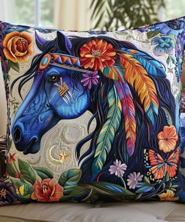 Soft Blue Quilted Horse Pillow Cover — Premium Decorative Sham With Calming Equine Motif, Quilted Texture, Hidden Zip & Easy Care