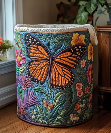 Monarch Meadow Quilted Laundry Hamper - Butterfly Floral Design, Sturdy Collapsible Washable Basket For Clothes & Linens