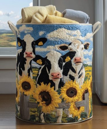 Moo Bloom Quilted Laundry Basket — Playful Floral Cow Print Fabric Hamper, Collapsible Lightweight Laundry Storage With Handles