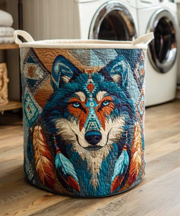 Moon Guide Quilted Wolf Laundry Basket — Celestial Animal Print Collapsible Hamper, Decorative Fabric Storage For Cozy Bedrooms