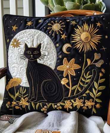 Moonlight Black Cat Quilted Pillow Cover — Soft Quilted Throw Pillowcase With Lunar Cat Motif, Cozy Accent