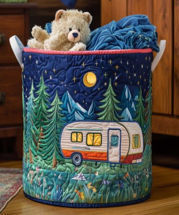 Moonlight Camp Quilted Laundry Hamper - Lunar Camp Quilted Fabric Basket With Handles, Foldable Organizer For Bedrooms, Rvs & Nurseries