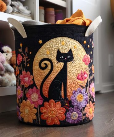Moonlight Cat Quilted Laundry Hamper — Elegant Night Sky Cat Print Foldable Laundry Basket, Durable Fabric Storage For Bedroom