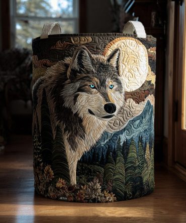 Moonlight Howl Quilted Laundry Hamper — Wolf & Moon Pattern Foldable Laundry Basket, Large Decorative Bedroom Organizer
