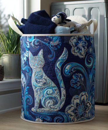 Moonlight Meow Quilted Laundry Hamper — Cute Cat Print Foldable Laundry Basket For Cat Lovers, Soft Cotton Organizer With Washable Liner