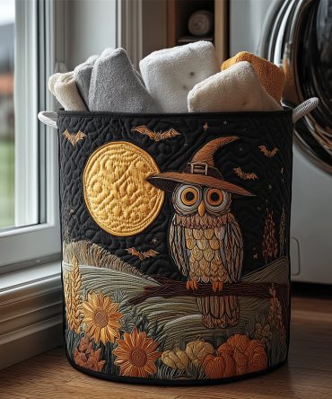 Moonlight Owl Witch Quilted Laundry Hamper — Enchanted Halloween Fabric Laundry Basket, Spacious Washable Storage With Handles