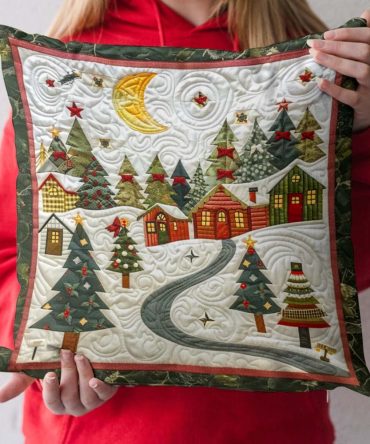 Moonlit Christmas Village Quilted Pillow Cover — Scenic Holiday Village Decorative Throw Pillow Case, Quilted Cozy Accent For Seasonal Decor