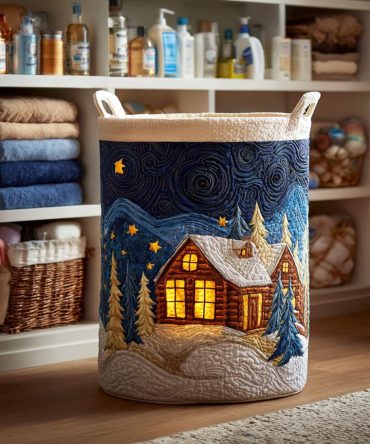 Moonlit Cabin Quilted Laundry Hamper — Rustic Mountain Print Foldable Basket With Handles , Durable Cozy Home Organizer