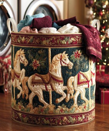 Moonlit Carousel Quilted Hamper — Elegant Foldable Laundry Basket, Large Soft-Side Storage Bin With Handles & Washable Liner