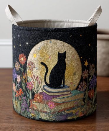 Moonlit Cat Quilted Laundry Hamper - Whimsical Foldable Fabric Basket With Nighttime Cat Motif For Cat Lovers