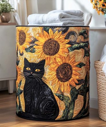 Moonlit Cat Quilted Laundry Hamper — Elegant Nighttime Cat Design Fabric Basket For Bedroom Or Living Room Storage