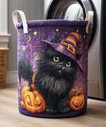 Whimsical Quilted Laundry Hamper — Moonlit Cat Design, Foldable Fabric Basket With Sturdy Handles For Home