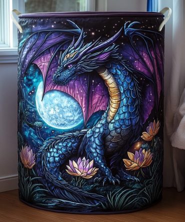 Moonlit Dragon Quilted Laundry Hamper — Fantasy-Themed Foldable Basket For Kids & Teens, Durable Quilting With Easy-Carry Handles