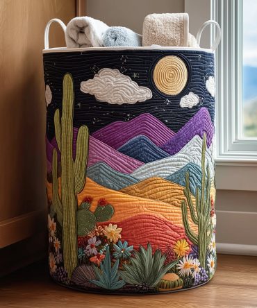 Moonlit Dunes Quilted Storage Hamper — Serene Foldable Laundry Basket With Handles, Padded Night-Sky Design For Bedrooms, Bathrooms & Dorms