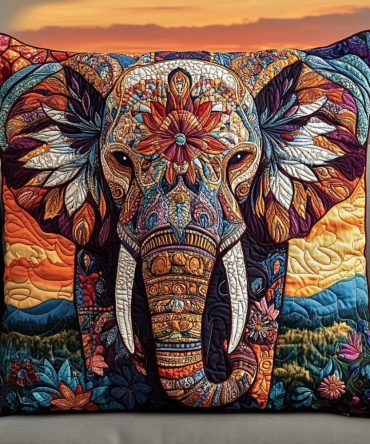 Elegant Moonlit Elephant Quilted Cushion Cover — Premium Decorative Throw Pillowcase With Ethnic Elephant Print For Sofa & Bed
