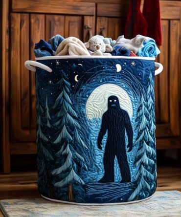 Moonlit Forest Yeti Quilted Laundry Hamper – Wilderness Print Large Collapsible Fabric Basket, Plush-Look Design With Sturdy Handles For Kids & Camping