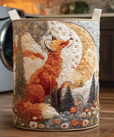 Moonlit Fox Quilted Laundry Hamper — Stylish Nighttime Woodland Fabric Basket, Large Collapsible Clothes & Toy Storage With Handles
