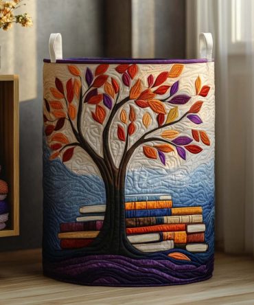 Moonlit Library Tree Quilted Hamper — Designer Foldable Laundry Basket, Large Durable Fabric Storage Bin With Handles & Washable Liner