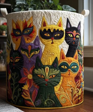 Moonlit Masks & Mischief Quilted Laundry Hamper - Nighttime Masquerade Cat Pattern Collapsible Basket For Themed Decor