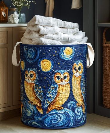 Moonlit Owl Quilted Laundry Hamper - Large Collapsible Fabric Basket With Night Owl Design, Sturdy Handles, Washable Organizer