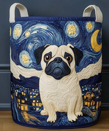 Moonlit Pug Dream Quilted Laundry Hamper — Serene Moonlight Pug Print Foldable Laundry Basket, Soft Quilting & Durable Construction