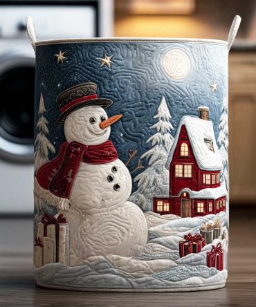 Moonlit Snowman Quilted Laundry Hamper - Holiday-Themed Washable Fabric Basket With Handles For Seasonal Storage