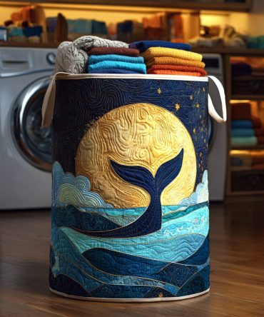 Moonlit Tail Quilted Laundry Hamper — Nautical-Inspired Decorative Laundry Basket, Foldable Fabric Hamper With Reinforced Base & Handles