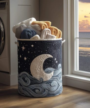 Moonlit Waves Quilted Laundry Hamper – Coastal Collapsible Fabric Basket For Bathroom & Bedroom, Washable Decorative Storage Bin
