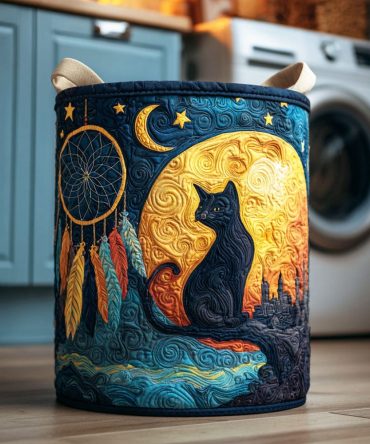 Moonlit Whisker Quilted Laundry Hamper – Large Collapsible Basket With Durable Handles, Playful Print For Kids’ Rooms & Bathrooms