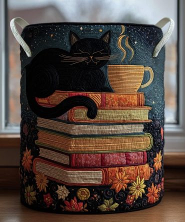 Moonlit Whiskers Quilted Fabric Laundry Hamper - Foldable Padded Laundry Basket With Handles For Cat Lovers & Cozy Homes