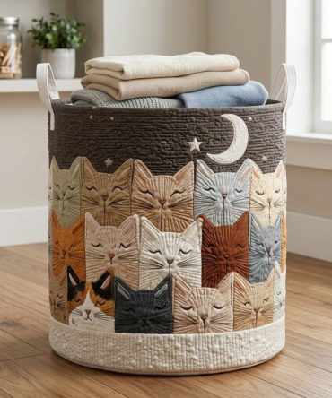 Moonlit Whiskers Quilted Laundry Hamper - Night Sky Cat Design, Foldable Washable Fabric Basket For Bedroom & Nursery
