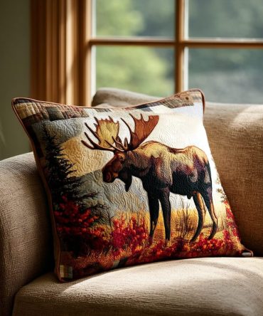 Moose Haven Quilted Cabin Pillow Cover — Rustic Lodge Decorative Throw Pillowcase With Moose Motif For Cozy Mountain & Cabin Style