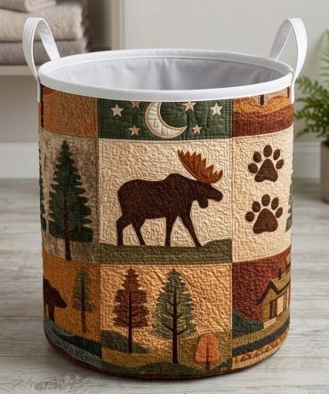 Rustic Moose Trail Quilted Laundry Hamper - Heavy-Duty Foldable Fabric Basket With Handles, Cabin Chic Decor Accent