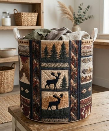 Rustic Moose Valley Quilted Hamper - Large Foldable Laundry Basket With Padded Handles, Stain-Resistant Fabric & Cabin Charm