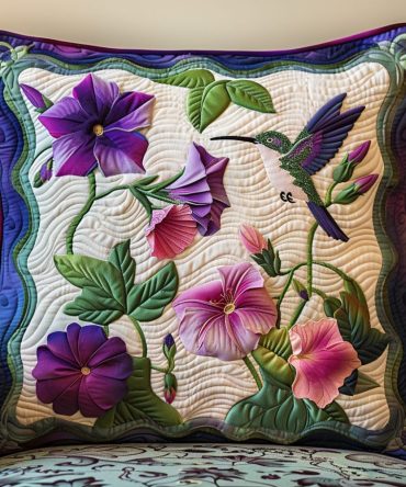 Morning Serenade Quilted Decorative Pillow Cover — Sunrise Floral & Bird Accent, Soft Textured Throw Case, Easy Care