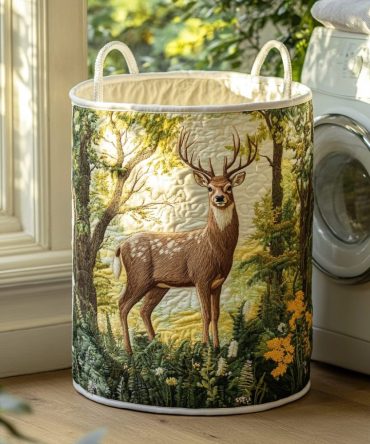 Sunrise Morning Deer Quilted Laundry Hamper - Foldable Decorative Fabric Basket With Handles, Rustic Woodland Deer Print For Bedroom & Nursery