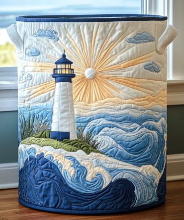 Sunrise Lighthouse Quilted Laundry Hamper — Coastal Morning Design, Large Foldable Fabric Basket With Handles For Home & Dorm