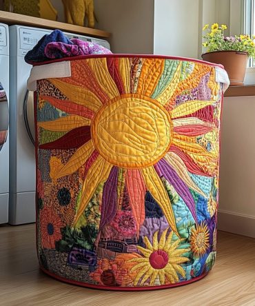 Morning Shine Quilted Laundry Hamper - Cheerful Sunrise Print, Foldable Washable Clothes Basket With Reinforced Base And Handles