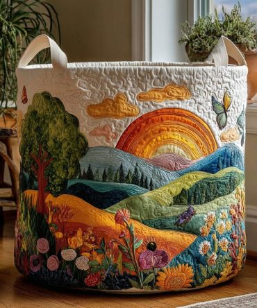Morning Vista Quilted Fabric Laundry Hamper — Spacious Foldable Clothes Basket With Handles, Serene Landscape Print For Stylish Storage