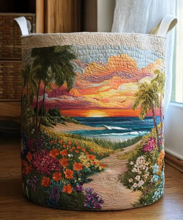Morning Wave Quilted Laundry Hamper — Large Patterned Fabric Laundry Basket, Foldable Design With Reinforced Handles