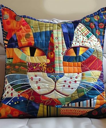 Mosaic Feline Quilted Throw Pillow Cover - Artistic Cat Mosaic Decorative Cushion Case, Vibrant Color Pop For Sofas, Durable Quilting