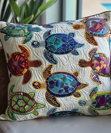 Mosaic Turtles Quilted Pillow Cover — Artful Turtle Pattern Throw Pillowcase For Sofa, Sunroom & Nursery , Textured Cotton-Blend