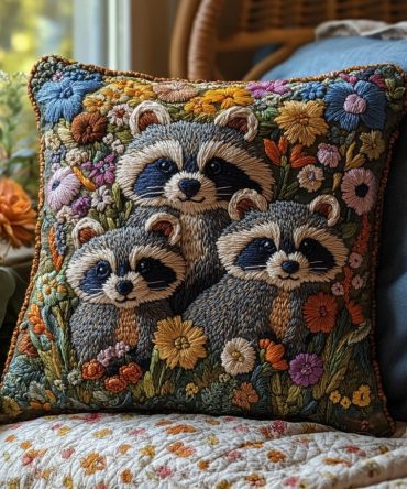 Mossy Hollow Raccoon Quilted Pillow Cover – Nature-Inspired Raccoon Design, Soft Textured Quilting, Cozy Accent For Home