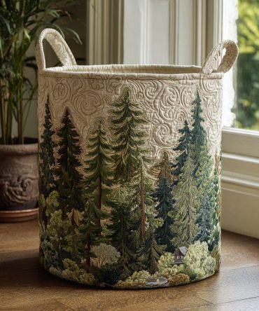Mossy Trail Quilted Fabric Laundry Hamper — Nature-Inspired Collapsible Laundry Basket With Sturdy Handles For Bedroom & Cabin